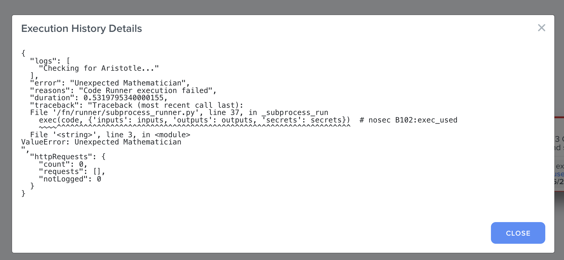 Screenshot of Error details in Code Step Execution Details